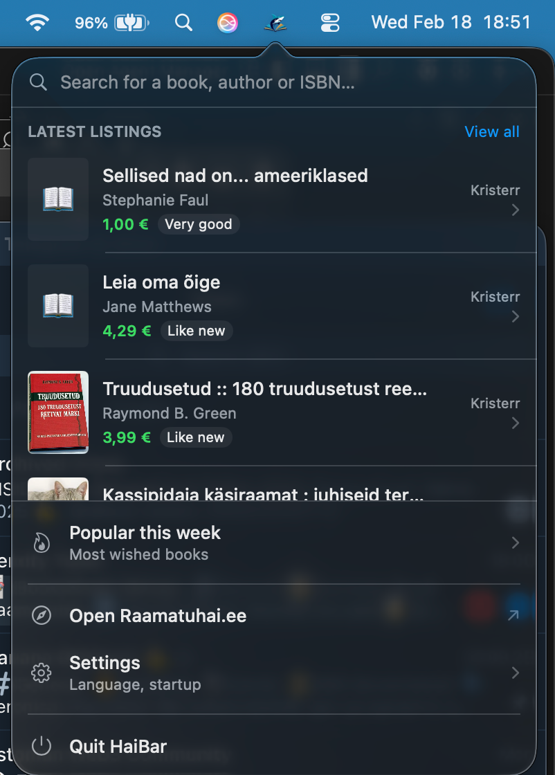 HaiBar menu bar app showing book search results with prices and conditions